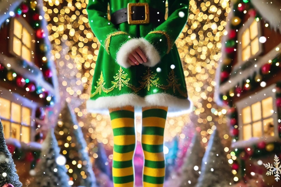 Image of an elf's legs in a Christmas-themed town.