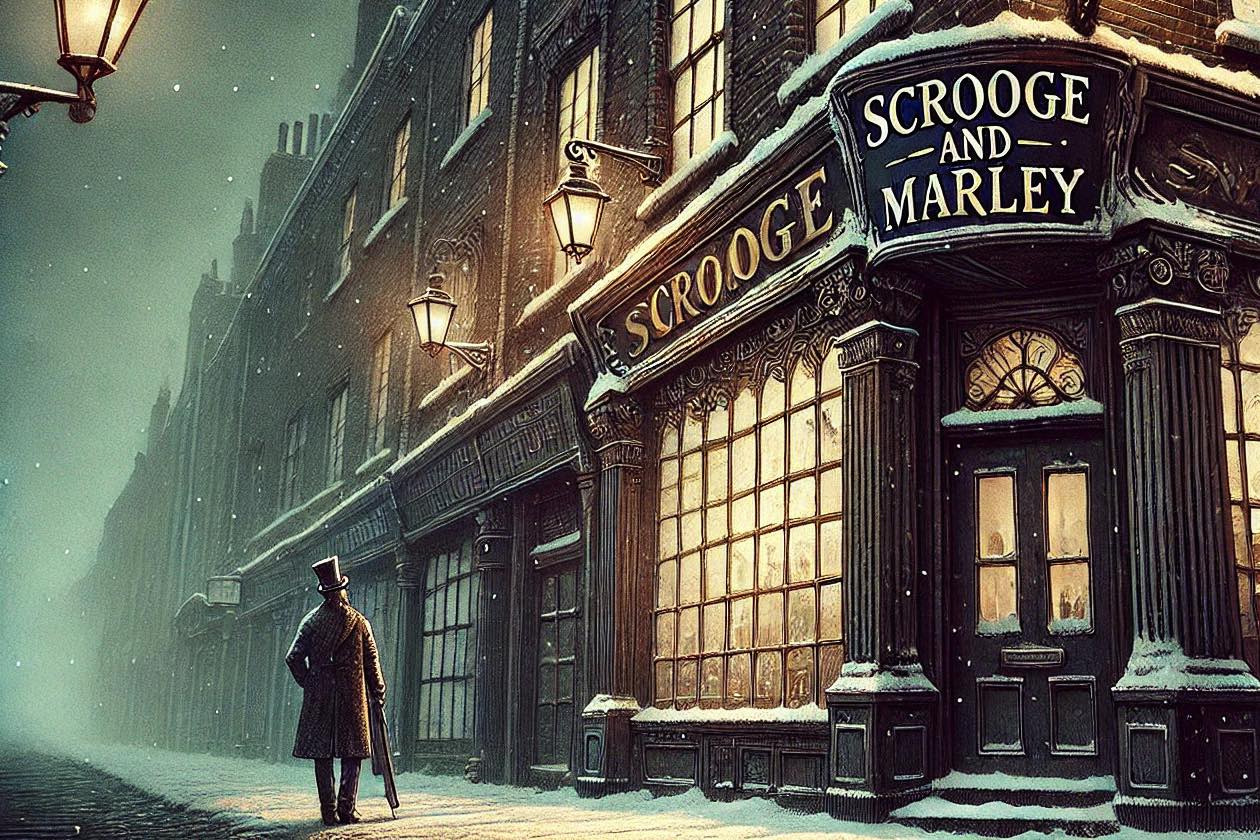 An image of a man standing outside of the fictitious storefront for "Scrooge and Marley" from the Charles Dickens' A Christmas Carol.