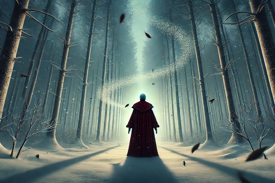 An image depicting Klaus standing in a snow drift with a breeze wisping by depicting the influence of his late wife.