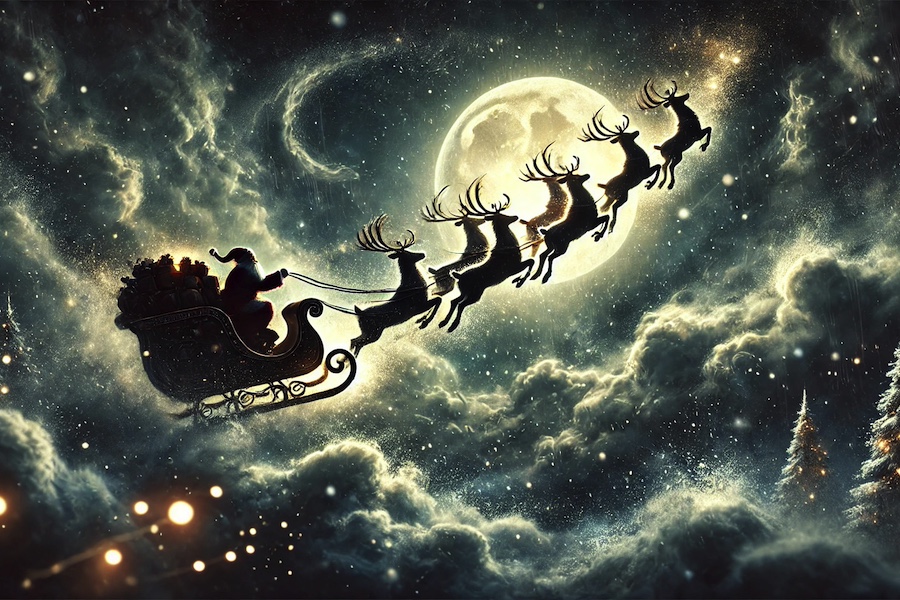 Image of reindeer pulling Santa's sleigh into the clouds on a stormy night.